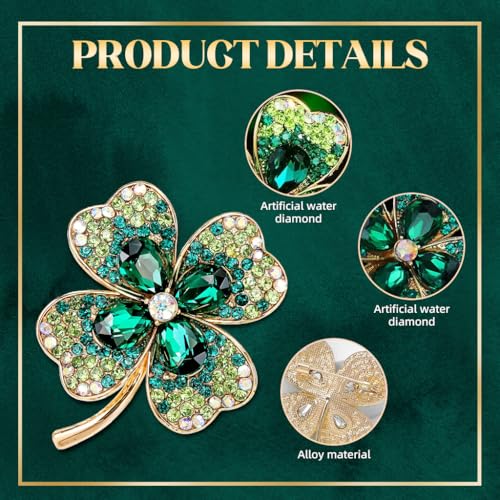 SANNIDHI® 2Pcs Green Clover Leaf Brooch Pin for Women, Gold Plated Vintage Rhinestone Saree Brooches, Lucky Crystal Jewelry Gift, Elegant Saree, Dress, Blazer, Shawl Accessory, Durable Metal
