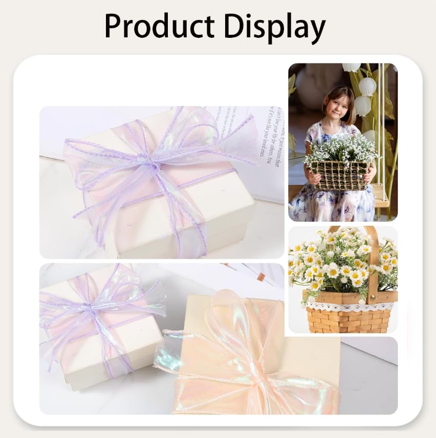 ZIBUYU Organza Ribbon for Gift Wrapping with Iridescent Sheer Finish 3 Rolls 30 Yards | Multicolor Craft Decoration