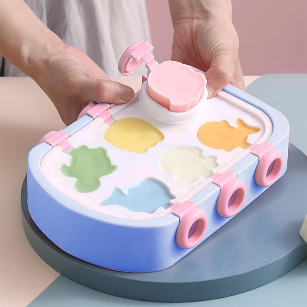 HASTHIP Ice Cream Mould for Freezer with 6 Cartoon Shapes and Lid | BPA-Free Silicone for Kids