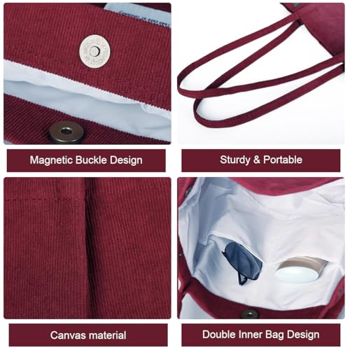 PALAY® Classic Tote Bag Corduroy Fashion Burgundy Large Hand Shoulder For Women Shopping Grocery Commuting 3PCS