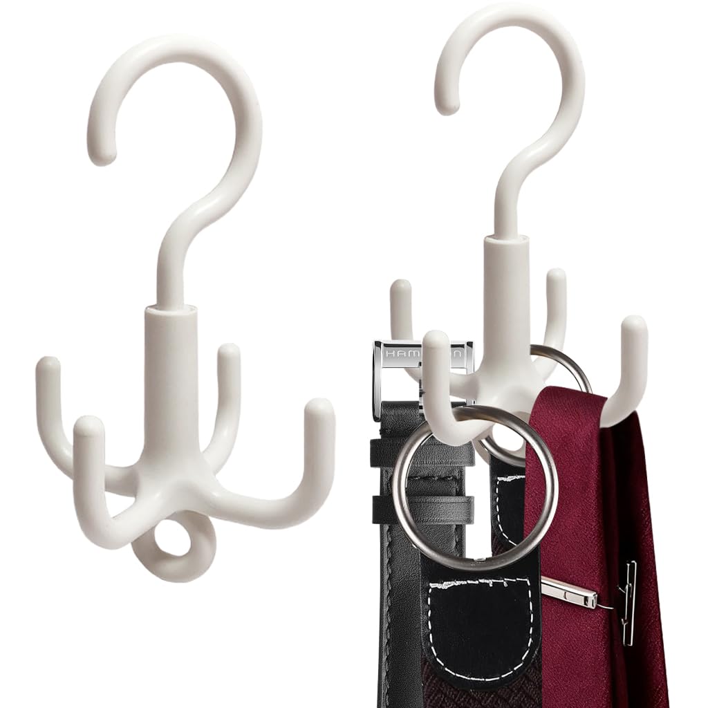 ZIBUYU Closet Hanging Organizer Hangers for Clothes and Accessories featuring 360 Degree Rotatable 4 Claw Hooks | White 2 Pcs Set