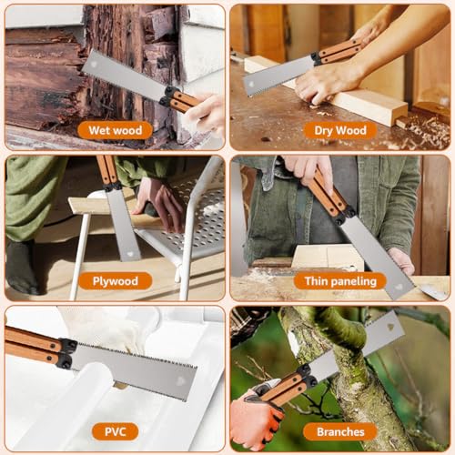 HASTHIP 15in Folding Garden Pruning Saw Kit with Gloves, 2pcs Blade and File, SK5 Steel Gardening Hand Saw for Sawing Branches, Trimming Extra Branches, Camping, Pruning Saw With Hard Teeth