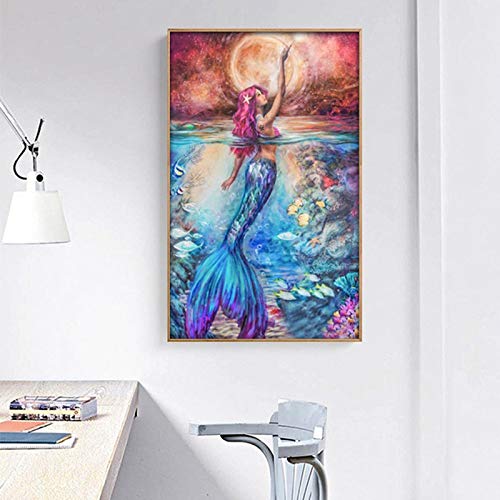 HASTHIP  DIY 5D Full Drill Diamond Painting, Rhinestone Pasted Cross Stitch Blue Owl Pattern for Home Wall Decoration (Mermaid)