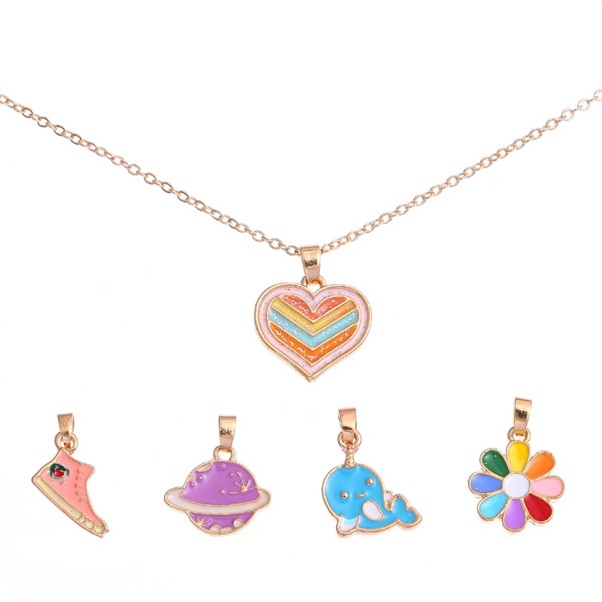 PATPAT® Cute Necklace For Girls, Cartoon Necklace Jewellery Sets With 5 Interchangeable Pendent Charms Pendant For Girls Colorful Loving Heart Pendant Friendship Necklace Set For Women Girls