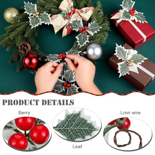 HASTHIP 30Pcs Christmas Holly Berries with Green Leaves Christmas Decorations Gold and Red Artificial Holly Berries Hanging Christmas Ornaments for Xmas Tree, Garland Wreath, Home Decor