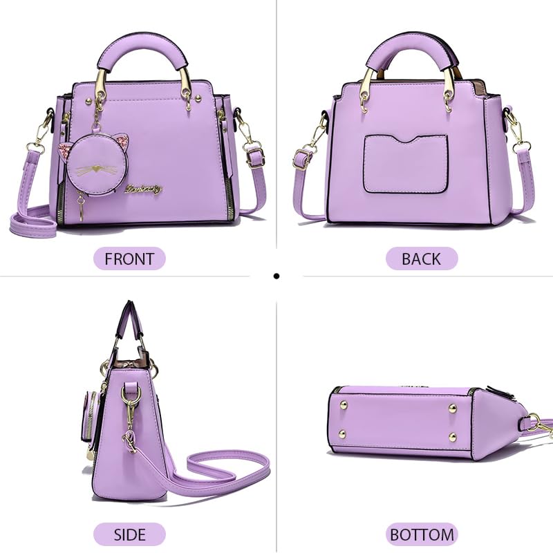 ZIBUYU® Hand Bag for Women Stylish PU Small Tote Bag with Detachable Strap & Cat Ear Pouch, Crossbody Shoulder Bag for Daily Use (Purple, 24x10x18cm)