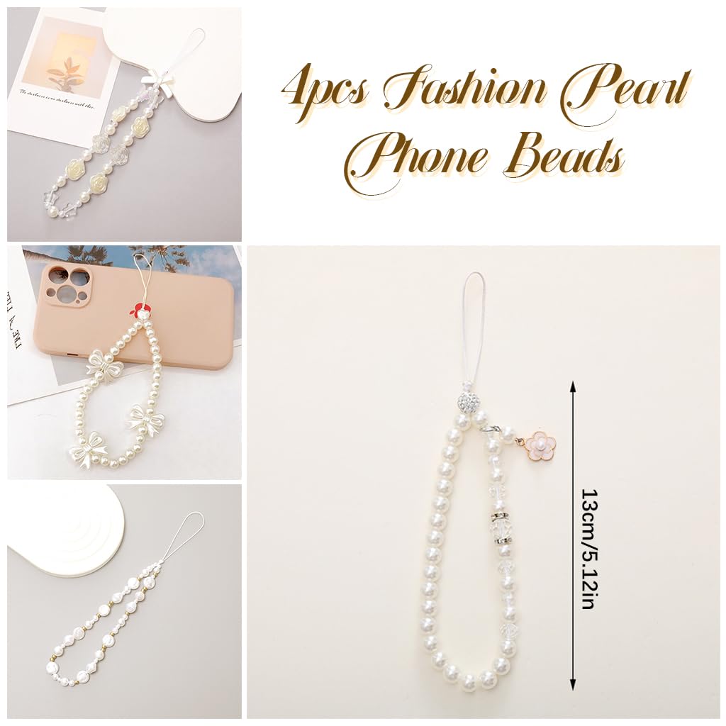 PATPAT® 4Pcs Phone Charms for Girls Trendy Pearl Bow Floral Phone Charm with String Loop Beaded Phone Charms Phone Charms Wrist Straps Kawaii Girls Phone Charms for Phone Case Gift for Girls