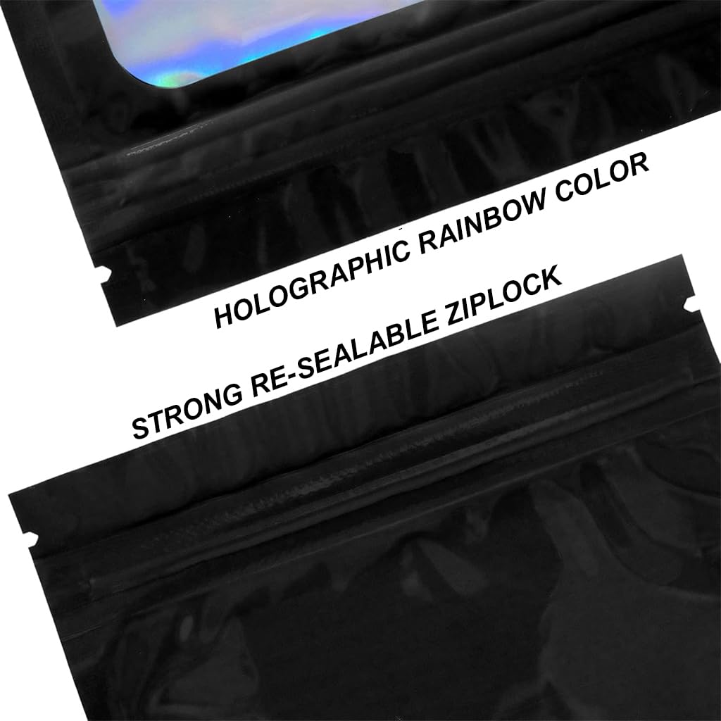 Smell Proof Bags for Food Storage with Resealable Zip and Clear Front 10 Pack 6x9cm | Holographic Rainbow Back
