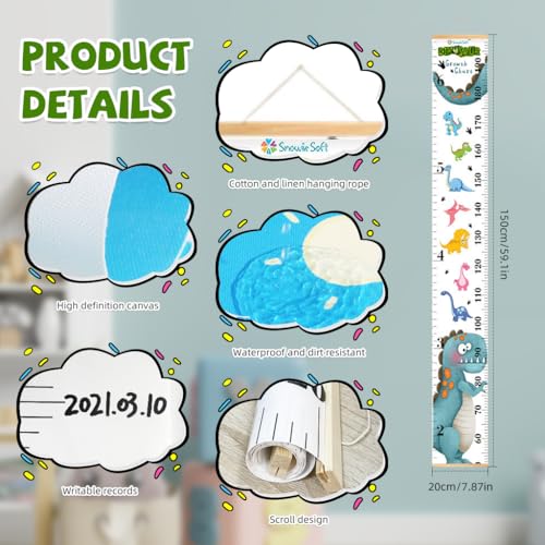 SNOWIE SOFT® Cartoon Growth Chart for Kids 60-180cm Wall Hanging Canvas Waterproof for Kid's Room Blue Dinosaur 3PCS
