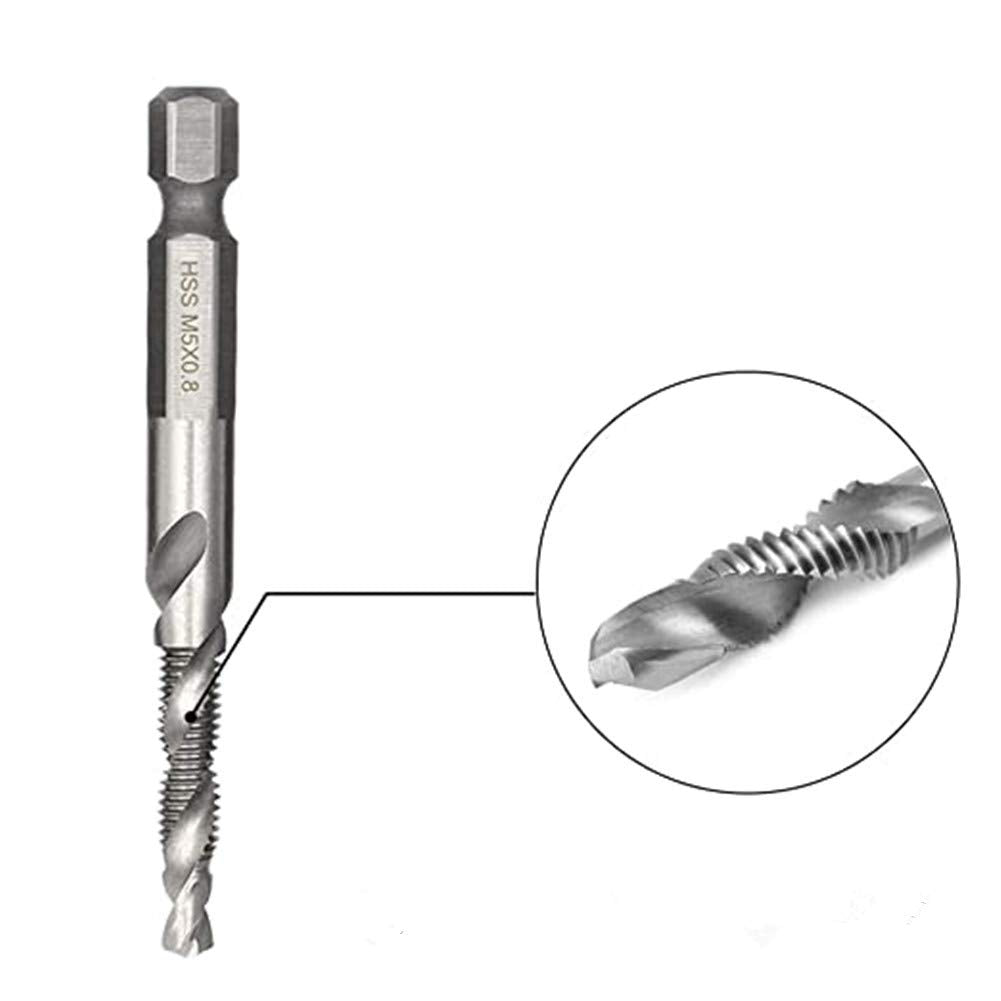 Serplex  6 Machine Screw Tap Set HSS Titanium Spiral Flute Drill Taps Metric M3 M4 M5 M6 M8 M10 Thread Tapping Tool 1/4  Hex Shank Countersunk Tap Drill Bit