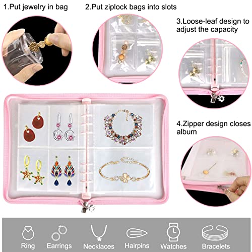 MAYCREATE® Transparent Jewelry Storage Book, Anti Oxidation Jewelry Storage Organizer Bag with 60 Pockets for Bracelets Necklace Rings, Pink