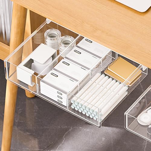 OFIFO® Pull-Out Under Desk Drawer Organizer, Hidden Sliding Storage Box With Adhesive No-Drill Install For Stationery, Makeup, Office Supplies & Tools, 9.2x12.7x3 Inch