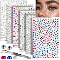 MAYCREATE® 6 Sheets Face Gems Rhinestones Pearl Stickers with Tweezer, Self Adhesive Face Jewels Sticker, Glitter Color Festival Hair Gems for Makeup, DIY Crafts, Nail Art, Scrapbooking