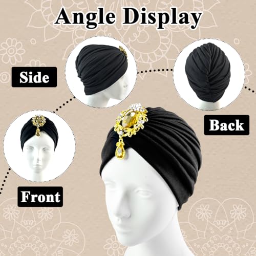 PALAY® Turban Cap for Women Skull Headwrap Alloy Crystal Tassel Hair Turban for Women Cozy Fabric Soft Head Cover Black Headwear for Wedding, Festival, Church