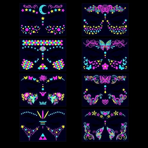 MAYCREATE® 8-Sheet UV Neon Face Tattoo Sticker Temporary Tattoos, Glow in the Dark Face Tattoos, Butterfly Mermaid Fluorescence Fake Tattoo Stickers for Halloween Rave Festival Party Supplies