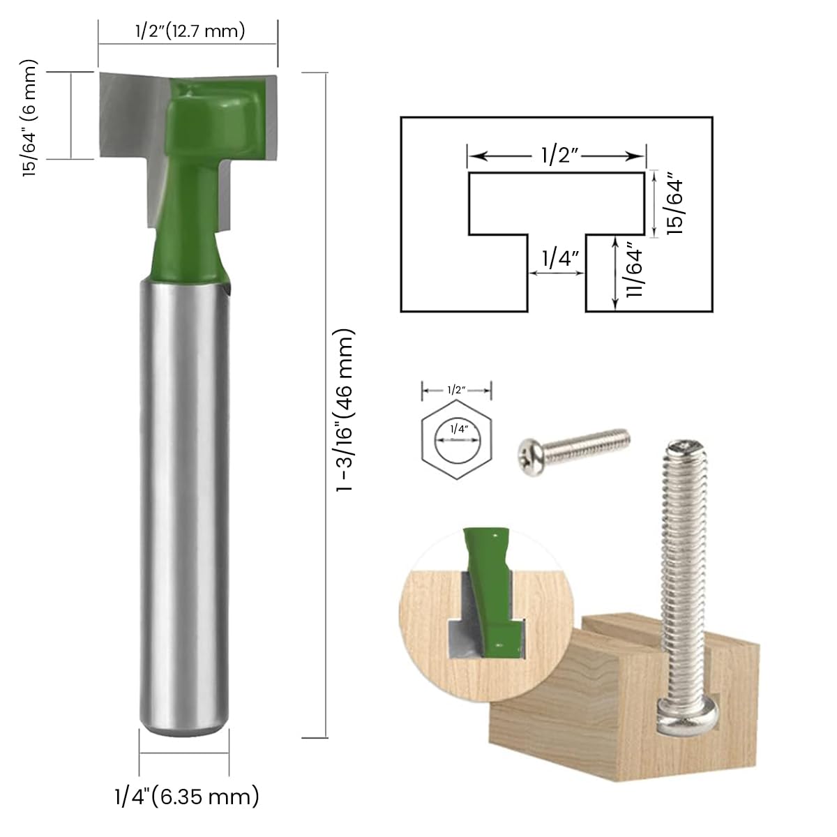 Serplex Router Bit Set for Woodworking with 1/4 in Shank & 3 Sizes 5/16 3/8 1/2 in | Precision T Track Cutting