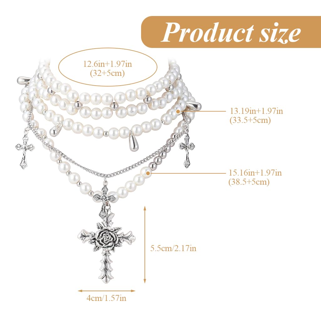 SANNIDHI Chic Necklace for Women Retro Baroque Rose Cross Pendent Layered Pearl Necklace Heavy Duty Faux Pearl Chain Necklace Layed Necklace Punk Rock Style Fashion Necklace