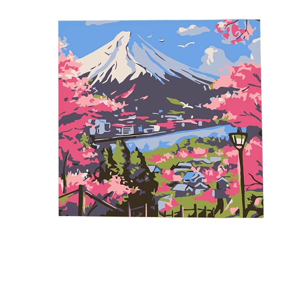 HASTHIP® DIY Paint by Numbers Kit for Adults & Kids, Mount Fuji Cherry Blossom Landscape Painting on Canvas, Beginner-Friendly Acrylic Painting Set with Brushes & Numbered Pigments, 20x20cm