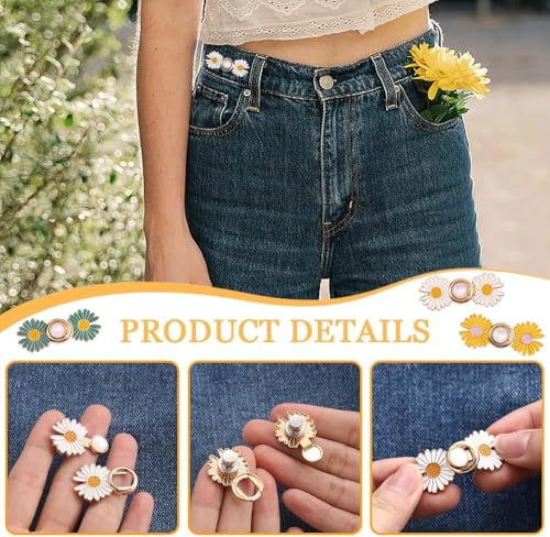 ZIBUYU® 8 Set Jeans Daisy Waist Adjusters, Flower Alloy Waist Adjusters for Trousers, Loose-Fitting Jeans Waist Buttons, No Sew Side Adjusters, Waist Tighteners for Oversized Pants, Jeans, Skirts