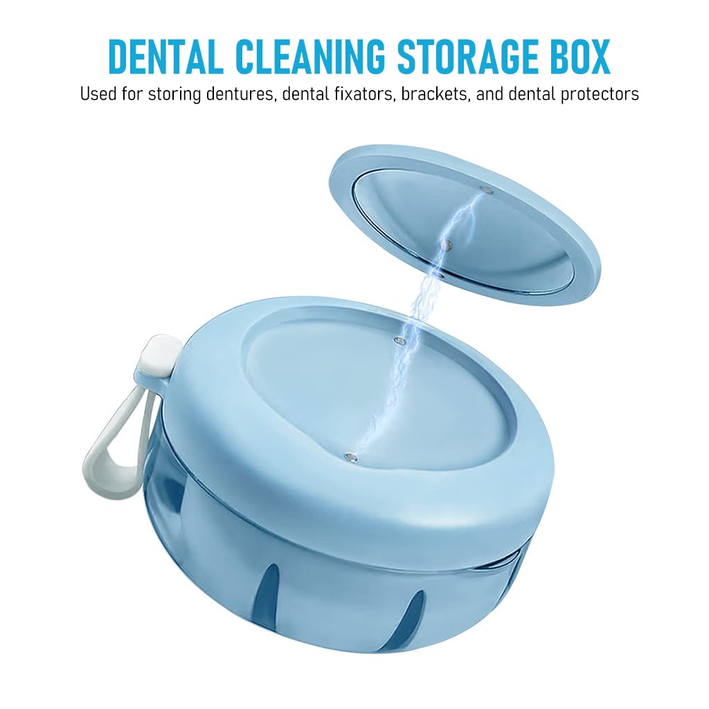 HANNEA® Denture Case, Denture Bath Case Cup Box Holder, Leak Proof Portable Retainer Case, Denture Box with Strainer & Mirror for Travel, Denture Case for Aligner Retainer Mouth Guard, Blue