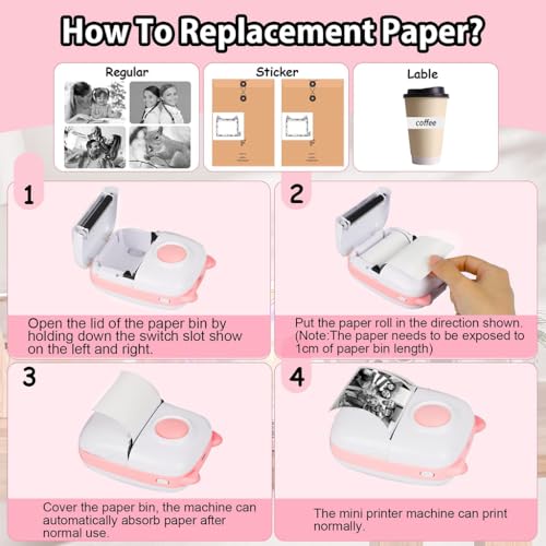 Zeitel® Mini Bluetooth Thermal Printer with LED Portable Label Inkfree for Android and iOS System Black on White with 13 Roll Paper 5 Color Pen 1 Kuromi Sticker Pink 2 PCS