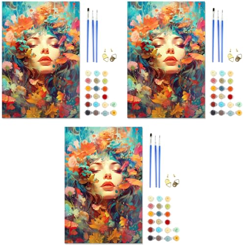 HASTHIP® Paint by Numbers Kits for Adults and Kids Canvas DIY Digital Oil Girls and Flowers Wall Decor Modern Home Frameless 16x20 inch 3 PCS