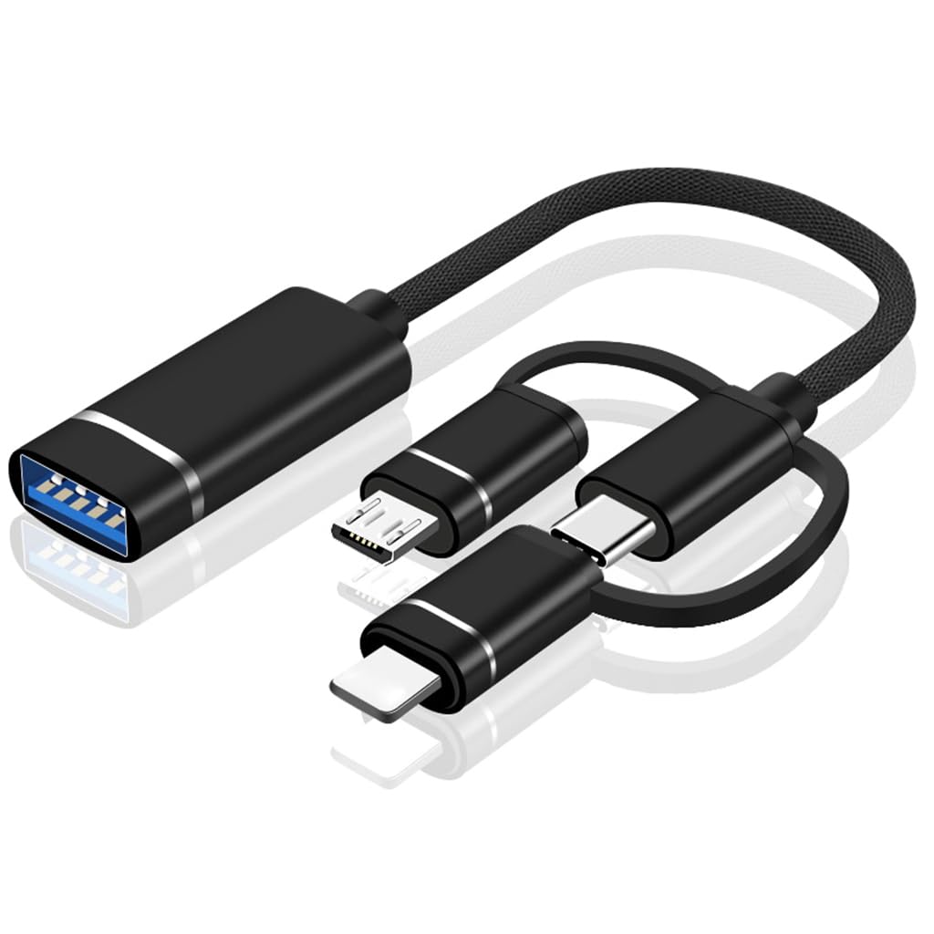 Zeitel OTG USB Adapter for iPhone iPad and Android featuring 3 in 1 Connectors and 18cm Cable | USB A to USB C Lightning Micro Interface