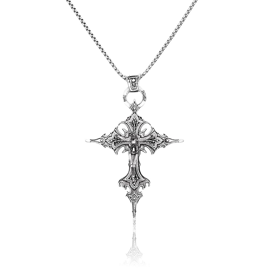 SANNIDHI Vintage Gothic Cross Skull Pendant Necklace featuring Flame Design for Men and Women | Stainless Steel Punk Jewelry Gift