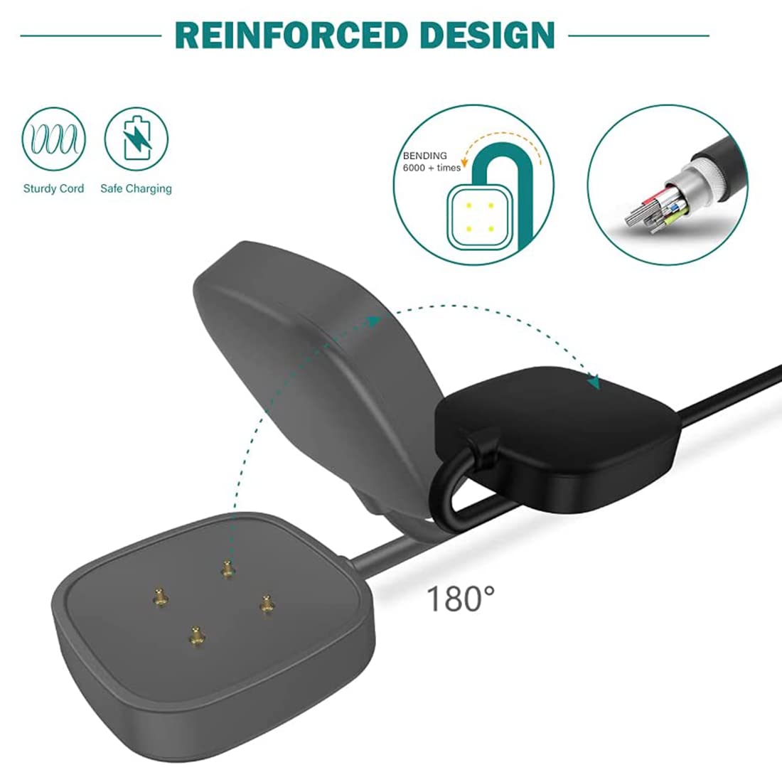ZORBES Wireless Charger for Fitbit Sense and Versa 3 featuring Multi Protection 1m Cable | Black Dock