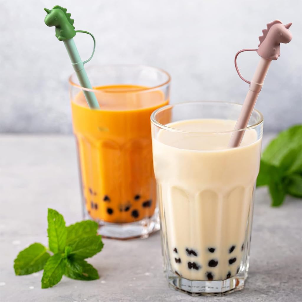 HASTHIP Silicone Straws for Water Bottles featuring 12 in Length and Cartoon Dino Cap | Kids Reusable BPA Free Set with Cleaning Brush