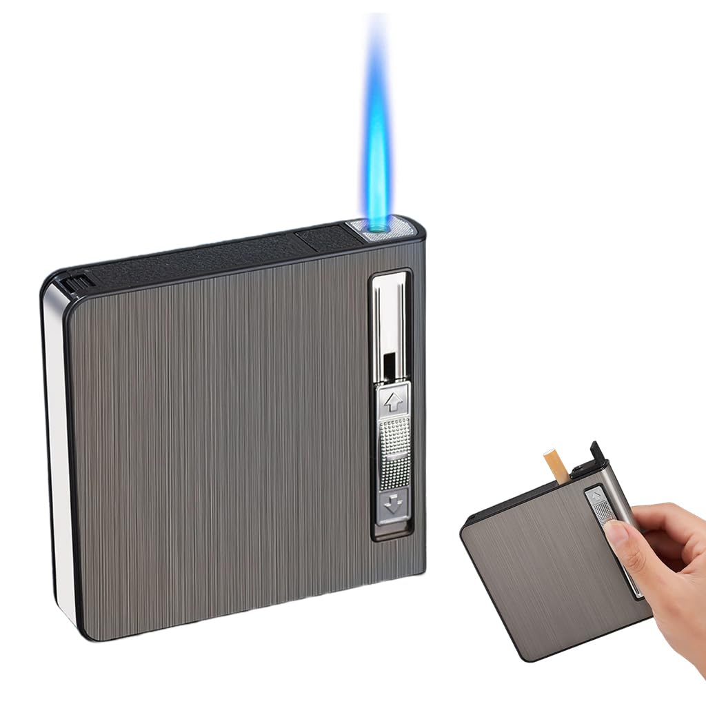 HASTHIP Cigarette Case with Refillable Torch Lighter for Daily Use featuring Brushed Aluminum Alloy Holds 20 Cigarettes