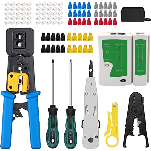 Serplex® RJ45 Crimping Tool for Cat6 Cat5e Cat5, 50PCS RJ45 Cat6 Pass-Through Connectors, 50PCS Covers, Network Cable Tester, Screwdriver, Wire Punch Down Cutter, Wire Stripper, with Storage Bag