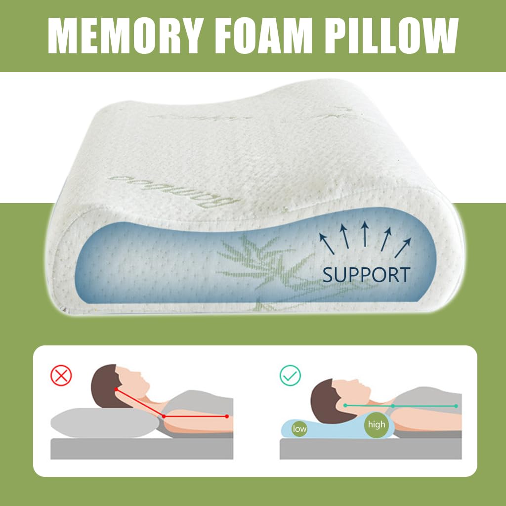 HASTHIP® Sleeping Pillow Memory Foam Pillow Supportive Neck Contour Design Bamboo Fiber Memory Foam Pillow Gentle Supportive Sleeping Pillow