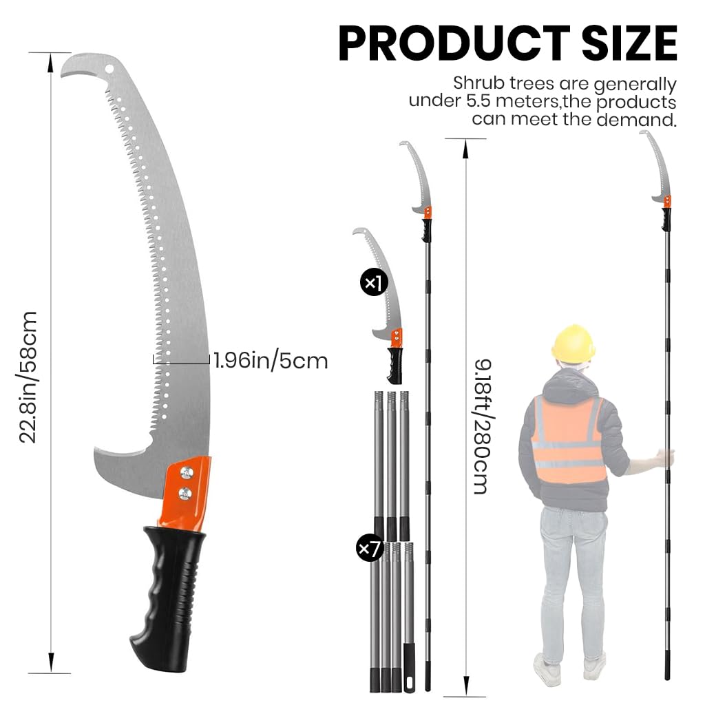 HASTHIP Manual Pruning Saw for High Branch Cutting with 9.8 ft Pole and Hooked Blade | Stainless Steel Screw-Fixed Attachment