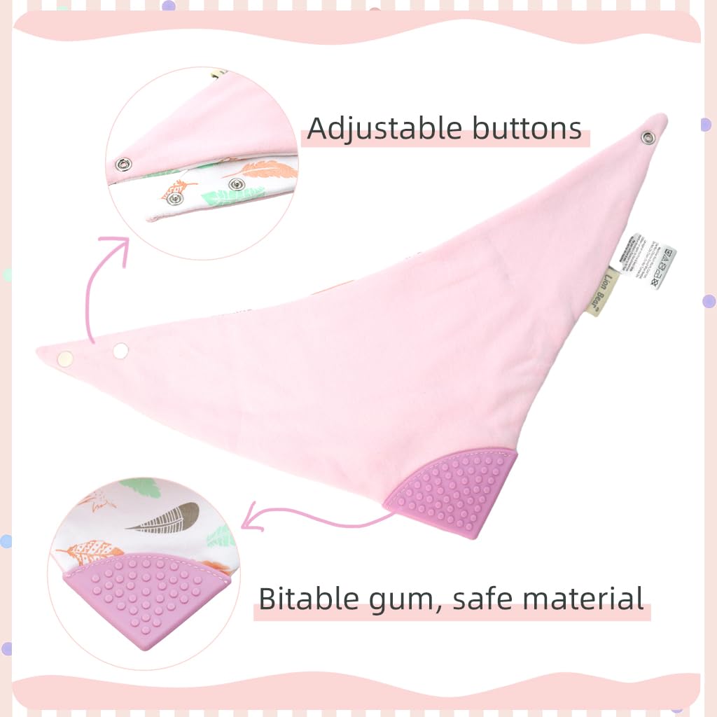 SNOWIE SOFT® Baby Bib Cotton Bandana Bib Adjustable Snap Button Design Teething Bib with Teether Corner Feeding Bib Fashion Print Baby Bib-Pink