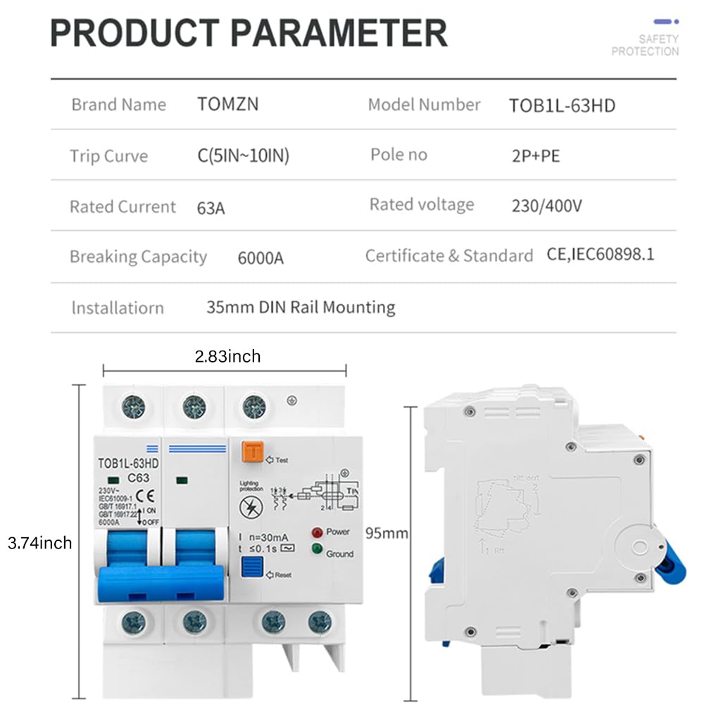 Serplex® 63A Circuit Breaker Switched Circuit Breaker with Surge Protector RCBO MCB with Leakage/Lightning Protection Wiring Circuit Breaker, Safe Flame Retardant PC Circuit Breaker