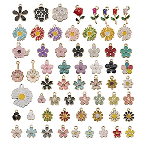 HASTHIP® 60Pcs Floral Themed Assorted Gold Plated Enamel Pendants Charms for Bracelet, Earring, Necklace, Keychain DIY Jewelry Accessories