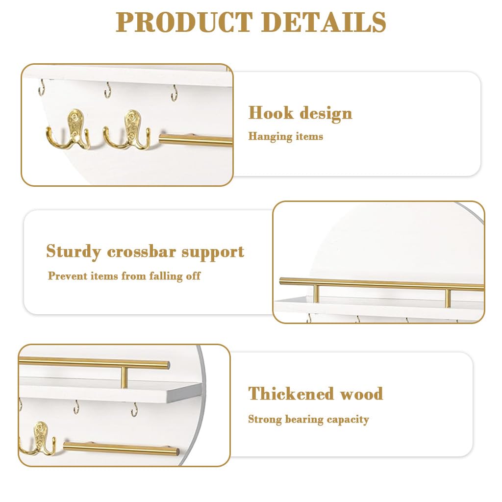 HASTHIP Wall Shelf for Entryway with Key Hook Rack and Sturdy Cross Bar Support | Modern Wooden Round Geometric Design