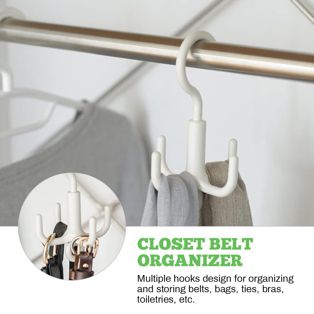 ZIBUYU Closet Hanging Organizer Hangers for Clothes and Accessories featuring 360 Degree Rotatable 4 Claw Hooks | White 2 Pcs Set