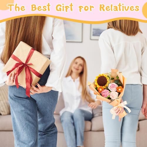 HASTHIP® Handmade Crochet Flowers Bouquet Sunflowers Roses Desk Decoration Gift Box Packed Versatile Easy Maintenance Ideal for Indian Women Mother's Day Birthdays 2 PCS