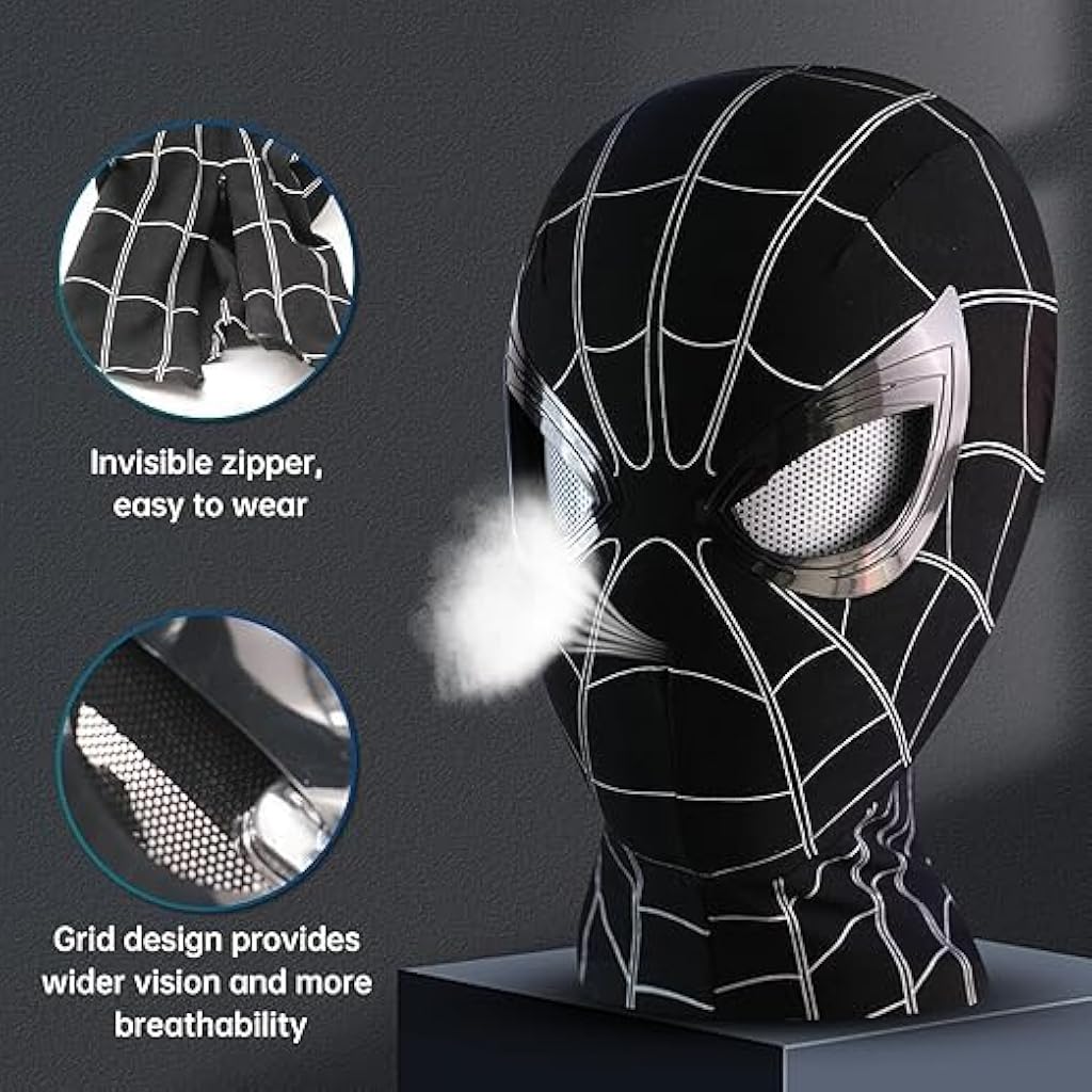 FANCYKU® 3D Spide Mask with Moving Eyes Jaw Motion Activated Blinking Eyelid Head Cover Cosplay Costume for Adult Kids Halloween Masquerade Black 3 PCS