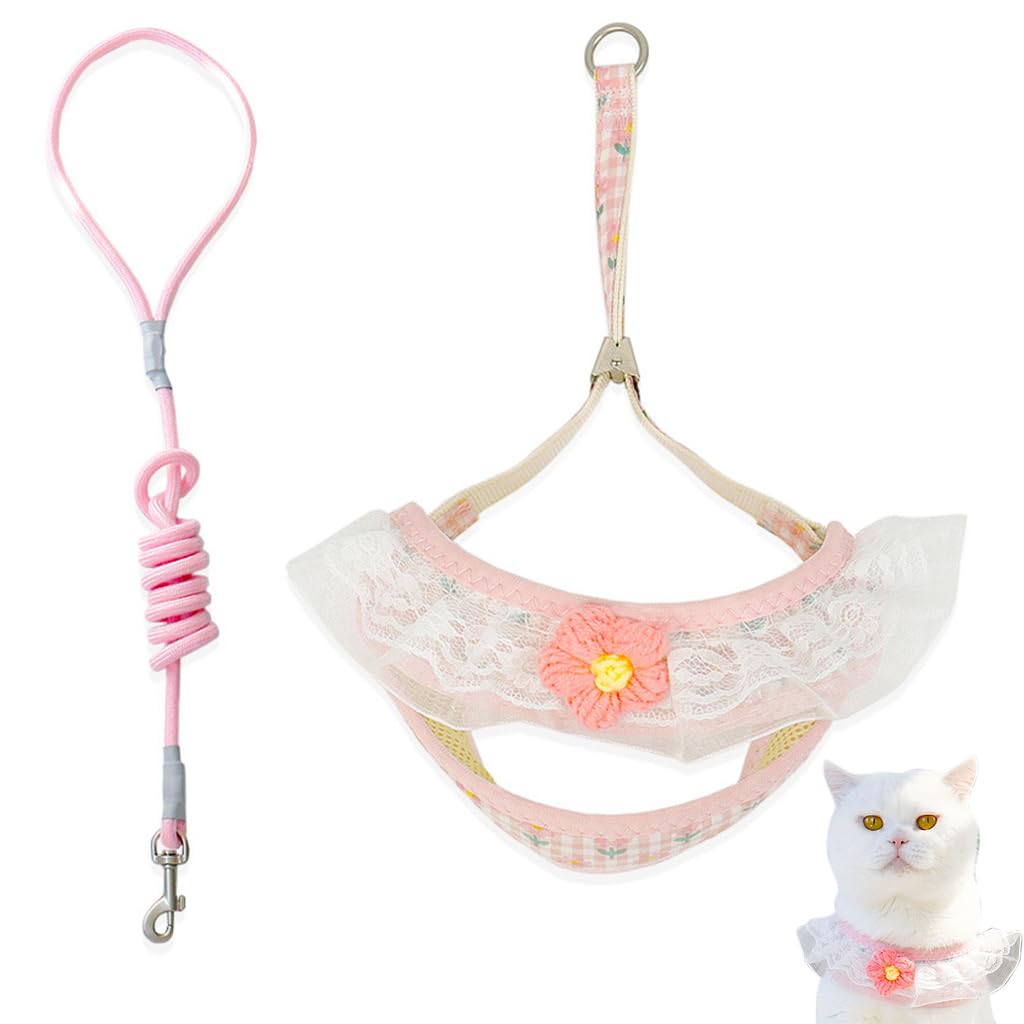 Qpets® Cat Harness with Leash, Cute Flower Cat Belt Print Pink Pet Harness for Cat, Fashion Breathable Cat Leash with Harness Small Pet Walking Harness (S, Recommended Weight: 1.5-3.5KG)