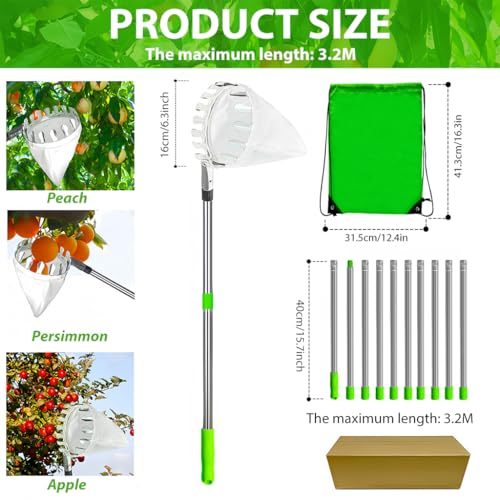 HASTHIP® Fruit Picker Tool 10.5ft Fruit Plucker with Extendable Alloy Material Telescopic Pole Equipped with Net and Tree Stick Easy to Assemble 3 PCS