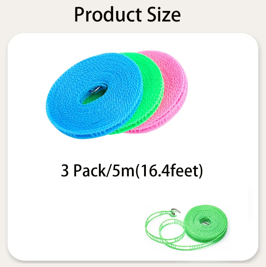 ZIBUYU Cloth Drying Rope for Indoor Outdoor Use featuring Windproof Partition | 5M PE 3PC Set