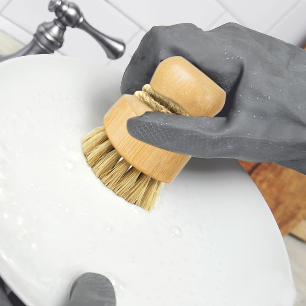 Supvox Bamboo Dish Brush for Pots and Pans with Ergonomic Round Handle | 2Pcs Natural Sisal Bristles
