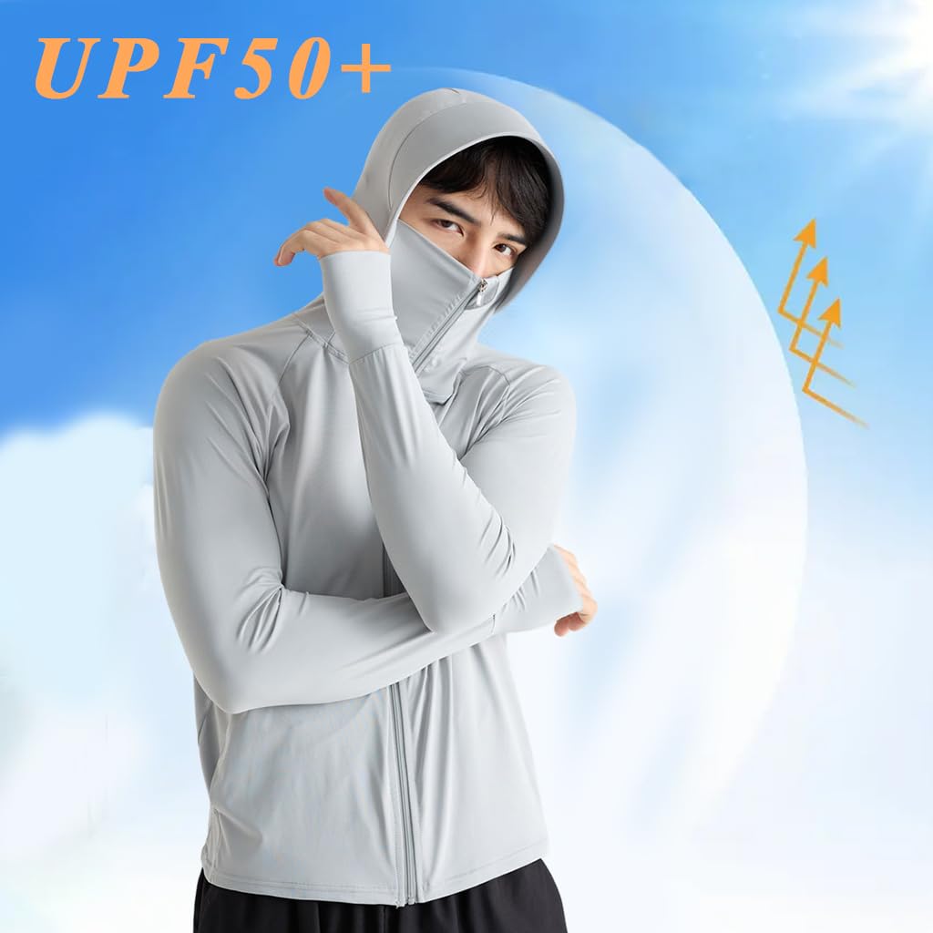 GUSTAVE Men's UPF 50+ Sun Protection Jacket with Full Zip Hood and Pockets for Outdoor Activities