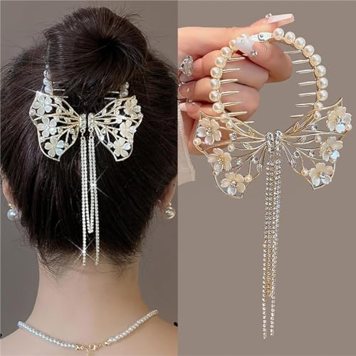 Venzina® Bow Hair Clip for Women Stylish Pearl Tassel Hair Bun Accessories for Women and Girls Tassel Hair Buns Claw Clip for Women Hair Accessories for Bride, Wedding, Daily, Party