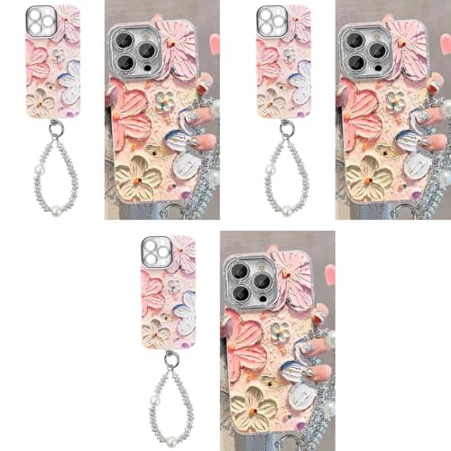 ZORBES® for iPhone 16 Pro Max Cover Case 3D Flower Oil Painting Cute Colorful for Girls Women Full Camera Protection Shockproof Glossy Back with Wrist Strap 3PCS