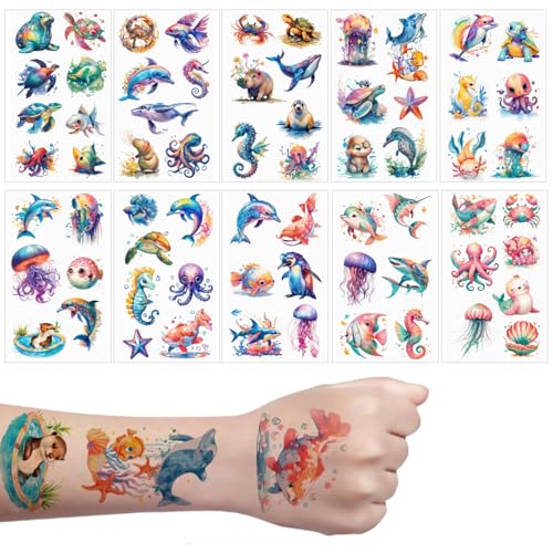 MAYCREATE® Cartoon Tattoo Stickers Marine-themed Dreamy Temporary Tattoos Watercolor Style Tattoo Sticker Set Waterproof Colorful Party Decorative Fake Tattoos for Arm, Face, Hands