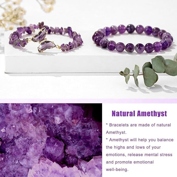 SANNIDHI Crystal Beaded Bracelets Set of 2 with Purple Stones and Butterfly Charm for Women Girls